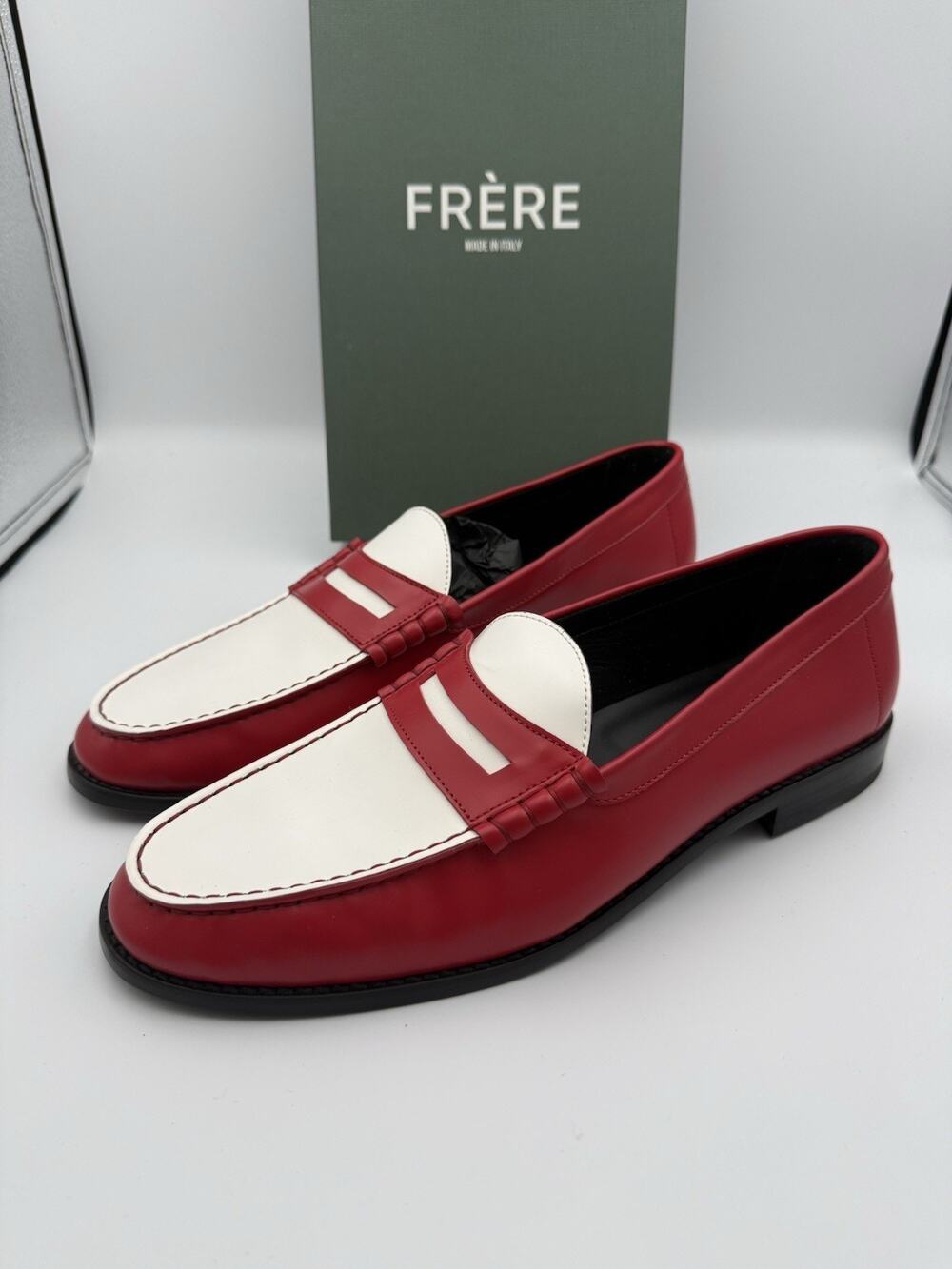 NIB FRERE Leather Penny Loafers Red White Made in Italy Men’s EU 45 US 12